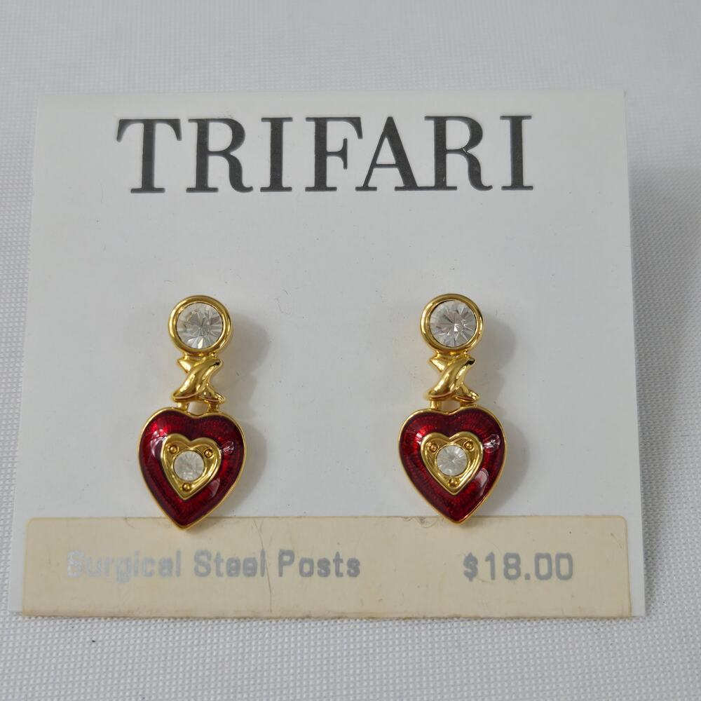 Vintage Trifari Enameled Red Heart & Clear Rhinestone Dangle Post Earrings